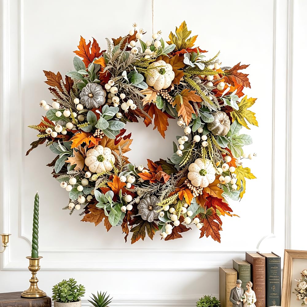 Fall Wreath for Front Door, Artificial Autumn Wreath