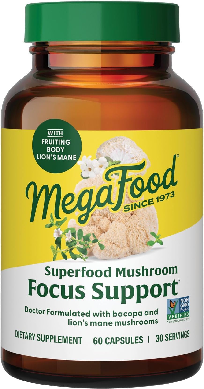 MegaFood Superfood Mushroom Focus Support - Lions Mane Supplement Capsules - Doctor Formulated – Lion’s Mane Mushroom Supplement with Clinically Studied Bacopa - Vegan - 60 Capsules, 30 Servings