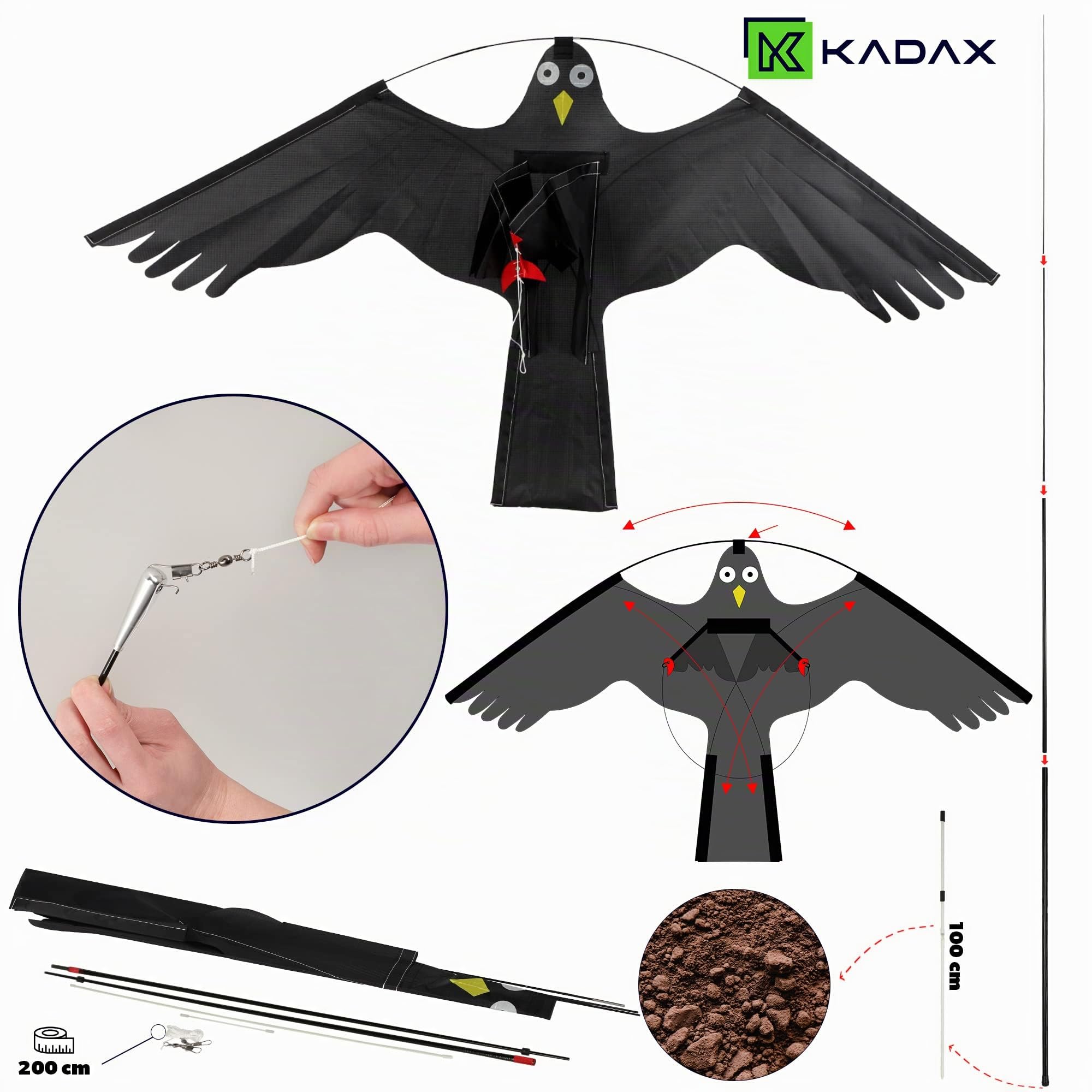 KADAX Falkendrachen, 116x80cm Vogelvertreiber mit Stahlwirbel, Vogelscheuche, Fliegender Drachen, Schädlingsbekämpfungsmittel, Vogelschutzdrachen