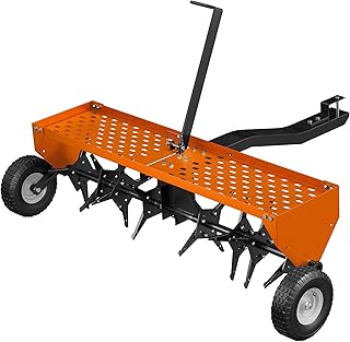 48" Lawn Aerator Tow Behind, Pull Behind Aerator with Universal Hitch, 32 Galvanized Steel Tines, Tray and Pneumatic Tires, Plug Behind Aerator is Suitable for Gardens, Lawns and Farms