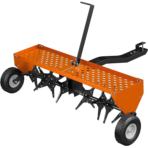 48" Lawn Aerator Tow Behind, Pull Behind Aerator with Universal Hitch, 32 Galvanized Steel Tines, Tray and Pneumatic Tires, Plug Behind Aerator is Suitable for Gardens, Lawns and Farms