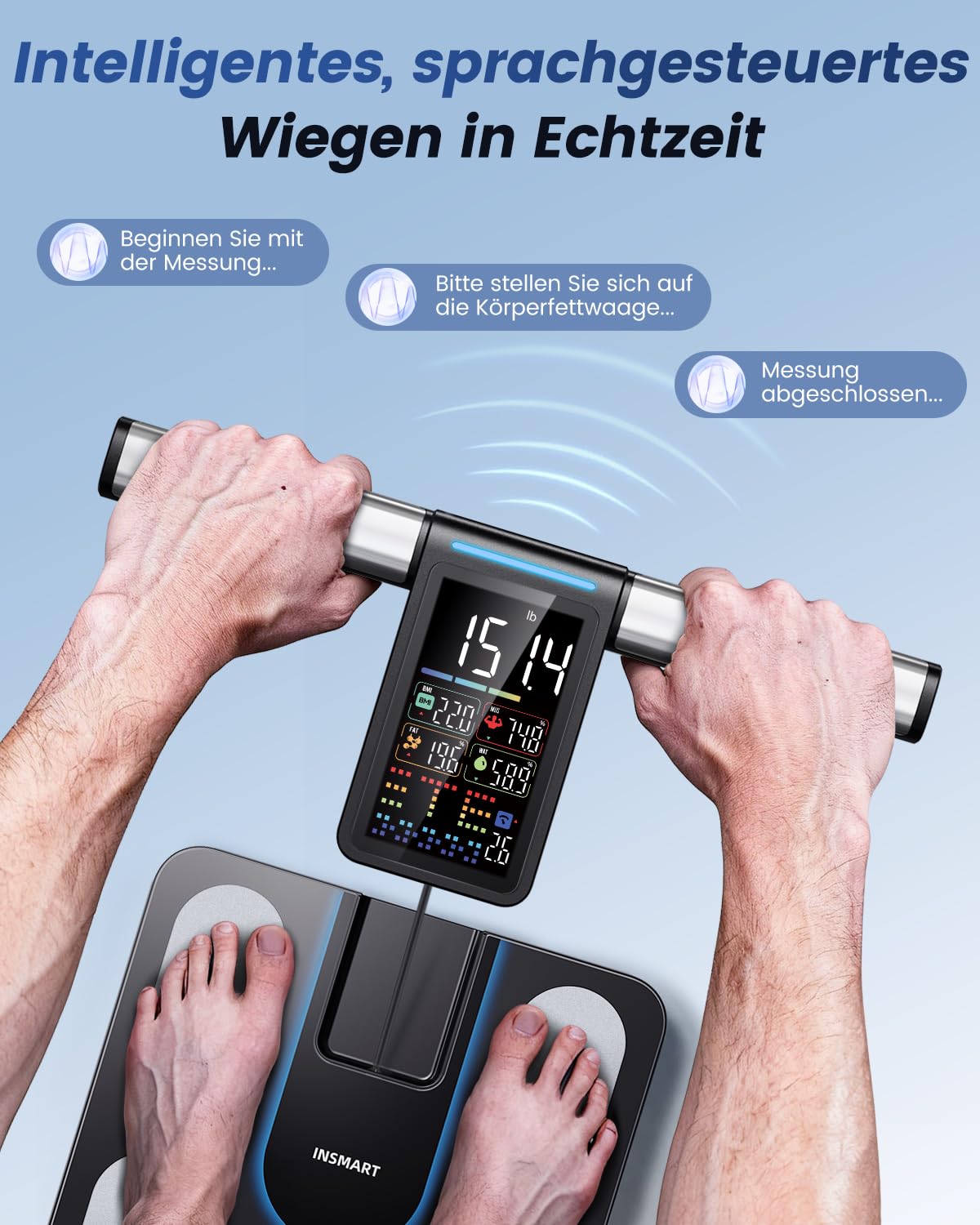 INSMART Körperfettwaage, 8 Elektroden Digital Personenwaage misst 56 Körperparameter Darunter BMI, Körperfett und Muskelmasse, VA-Farbdisplay und einziehbarem Griff, Maximale Tragfähigkeit 227 kg
