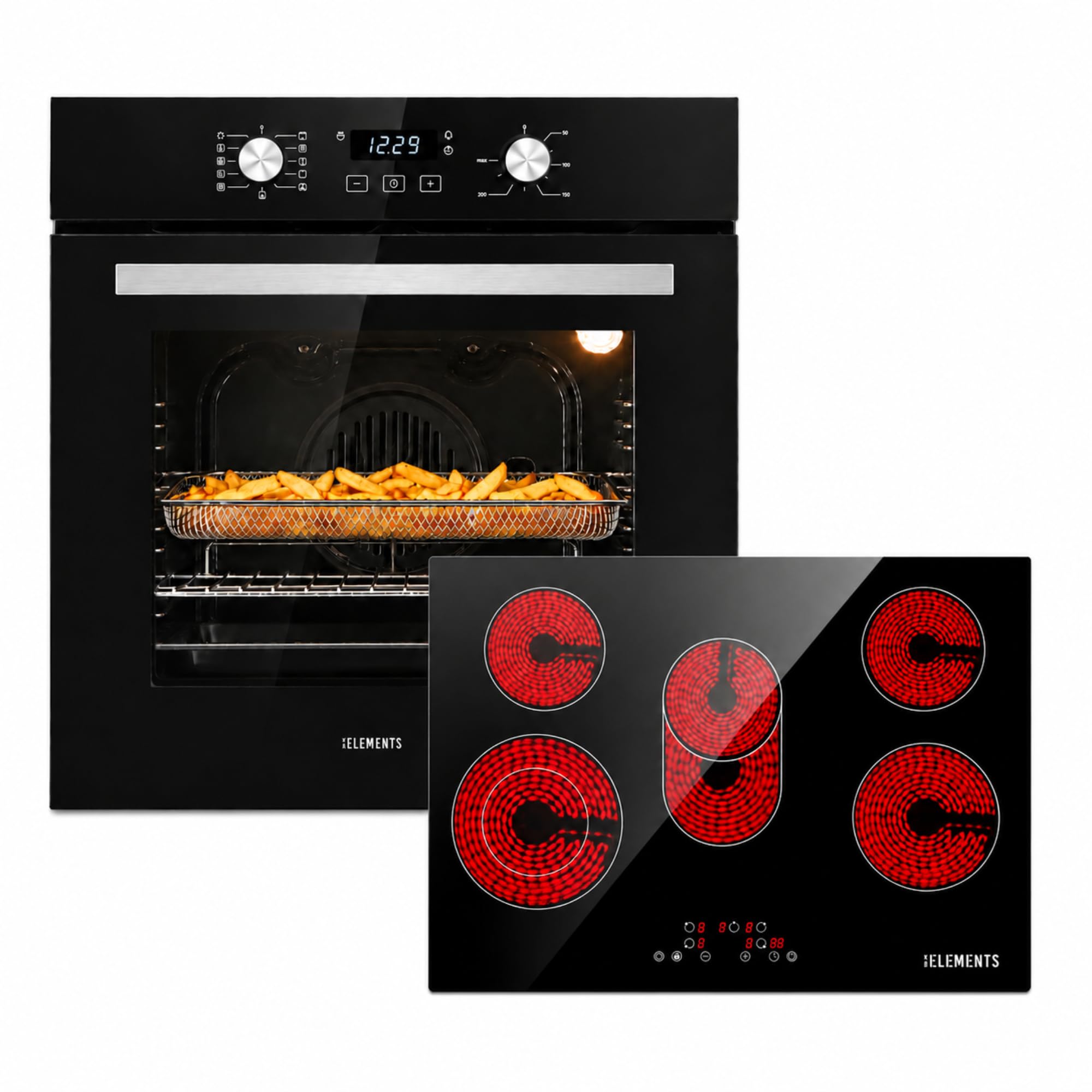 Autarkes Herdset 60 cm – Einbaubackofen mit Air Fry & Steam Clean, Glaskeramik Kochfeld 77 cm mit Flexzone, Dual-Ring Kochzone, Timer, Kindersicherung, 9 Leistungsstufen, A+ Energieklasse