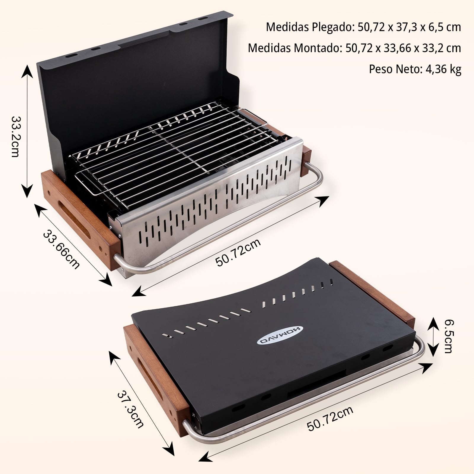 Barbacoa portátil carbón con kit de utensilios, parrilla plegable para camping y balcón, montaje rápido sin herramientas, doble altura, ideal 1–4 personas