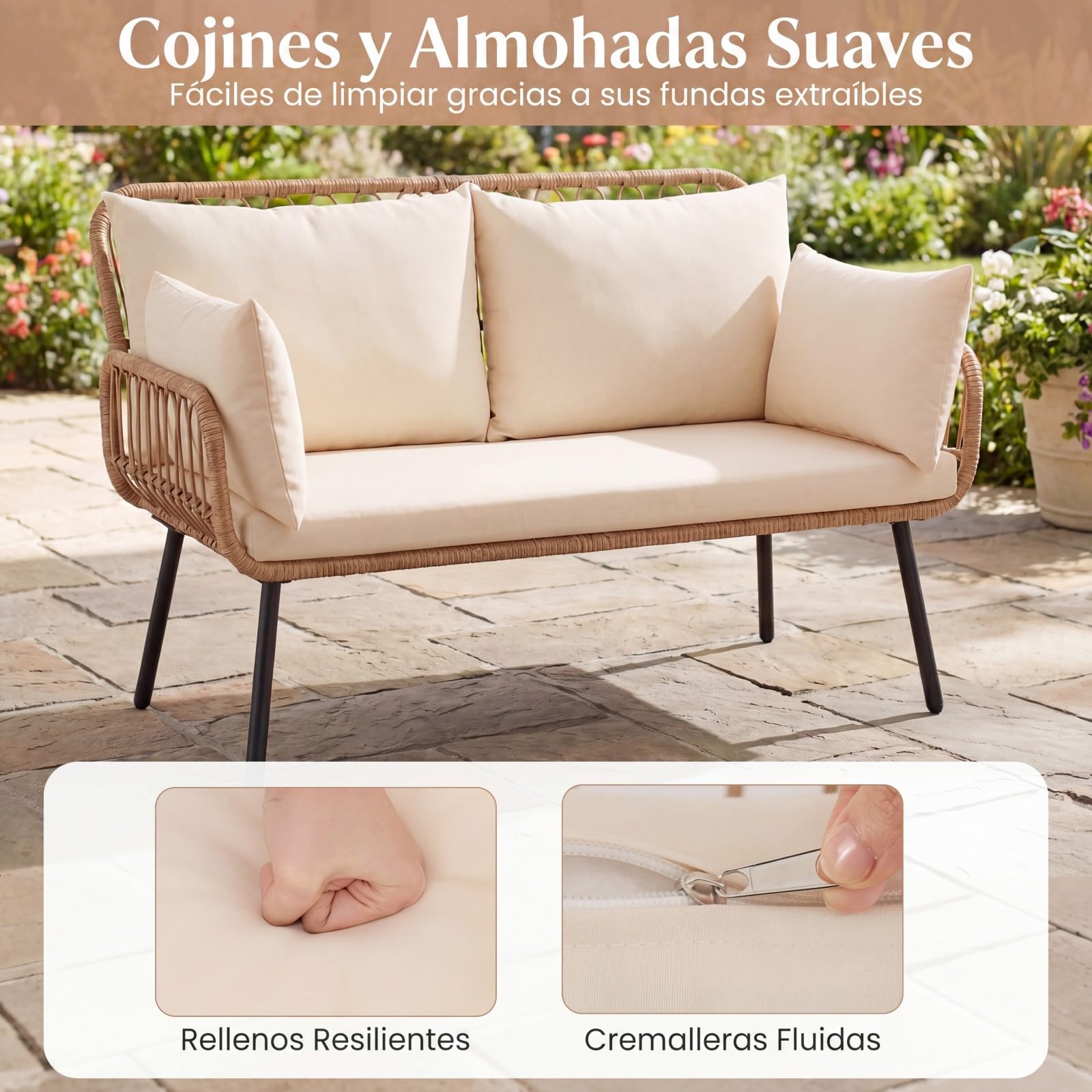 COSTWAY Sofá de 2 Plazas de Exterior, Sillón de Ratán PE para 2 Personas con Cojines, Almohadas y Estructura Metálica, Silla Banco de Jardín para Patio Porche Piscina, Carga 300 kg, 118 x 62 x 81 cm