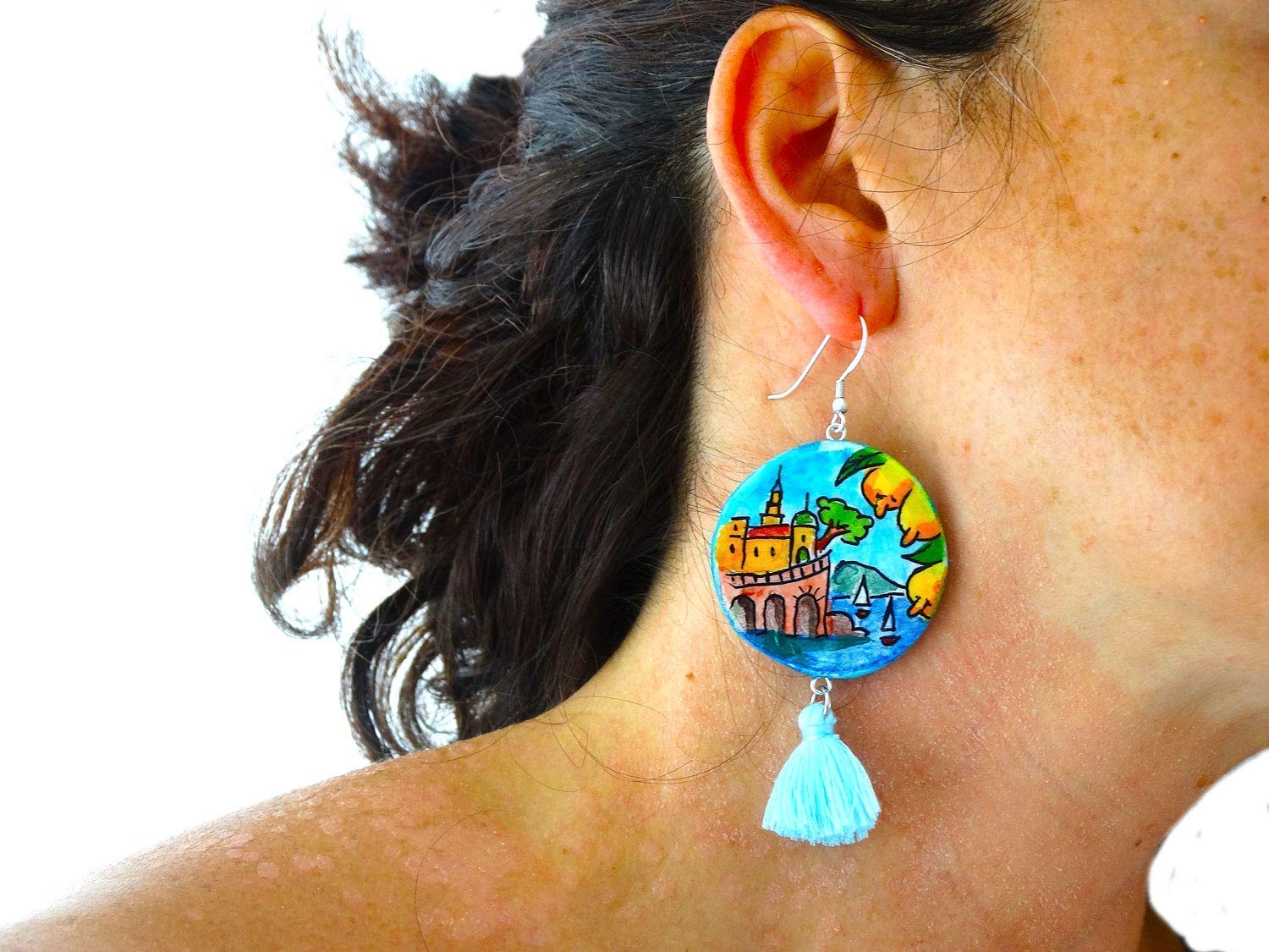 Boucles d'oreilles en céramique peintes à la main - AMALFI EN CÉRAMIQUE - Boucles d'oreilles pendantes pour femme, Bijoux en céramique peinte, Crochet en argent, Fabriqué en Italie, Bijoux, Artisanat