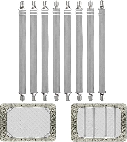 QoeCycth 8 clips de correas ajustables para sábanas, soporte elástico para sujetar sábana de colchón y tirantes, agarradores para sujetar sábanas,
