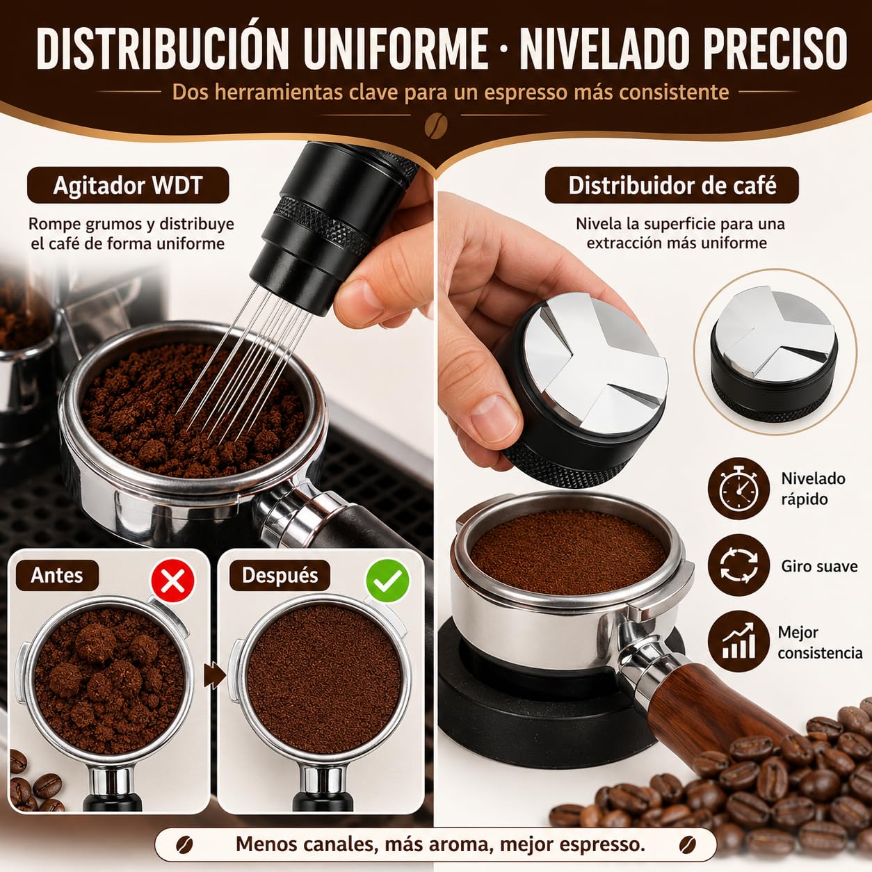 Set de 7 Accesorios para Café Espresso con Tamper, WDT y Base de Madera (58mm)