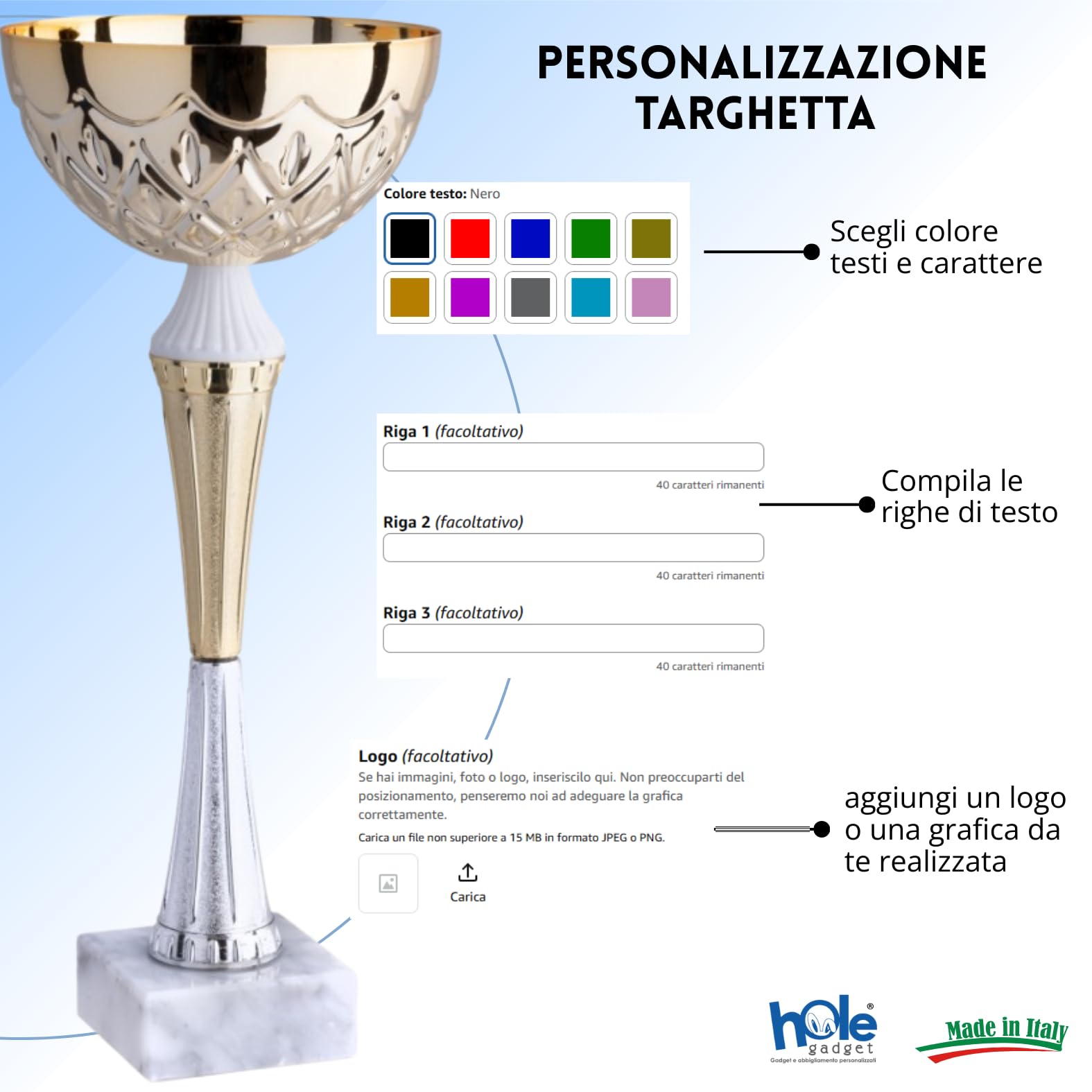 Coppa Trofeo Personalizzabile 35, 33, 30, 27 cm Singolo o Set Tutti Gli Sport, Calcio, Calcettto, Tennis, Basket, Padel, Fantacalcio, Premiazioni cod 13.041