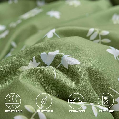 Miniatura 4 de Juego de edredón de tamaño matrimonial, juego de cama reversible con estampado floral verde y blanco, juego de cama alternativo de plumón