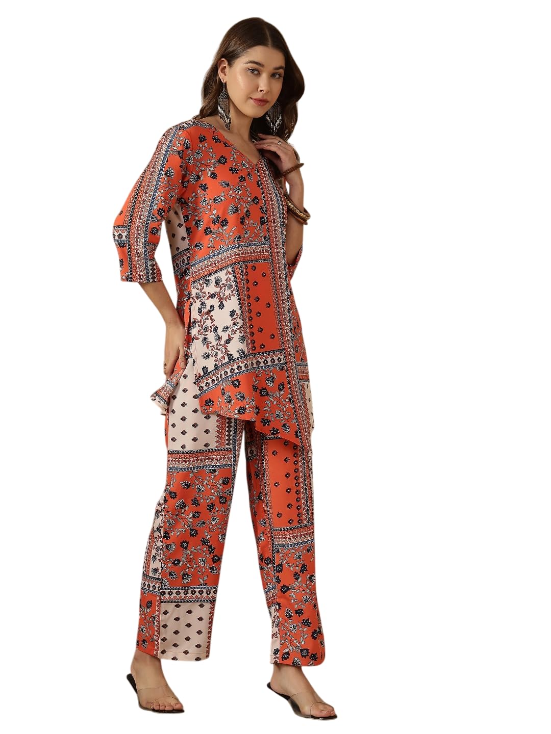 Orange & Off-White Geometric Printed Crepe Co-Ord Set – Stylish Lightweight Casual for Women-image-39