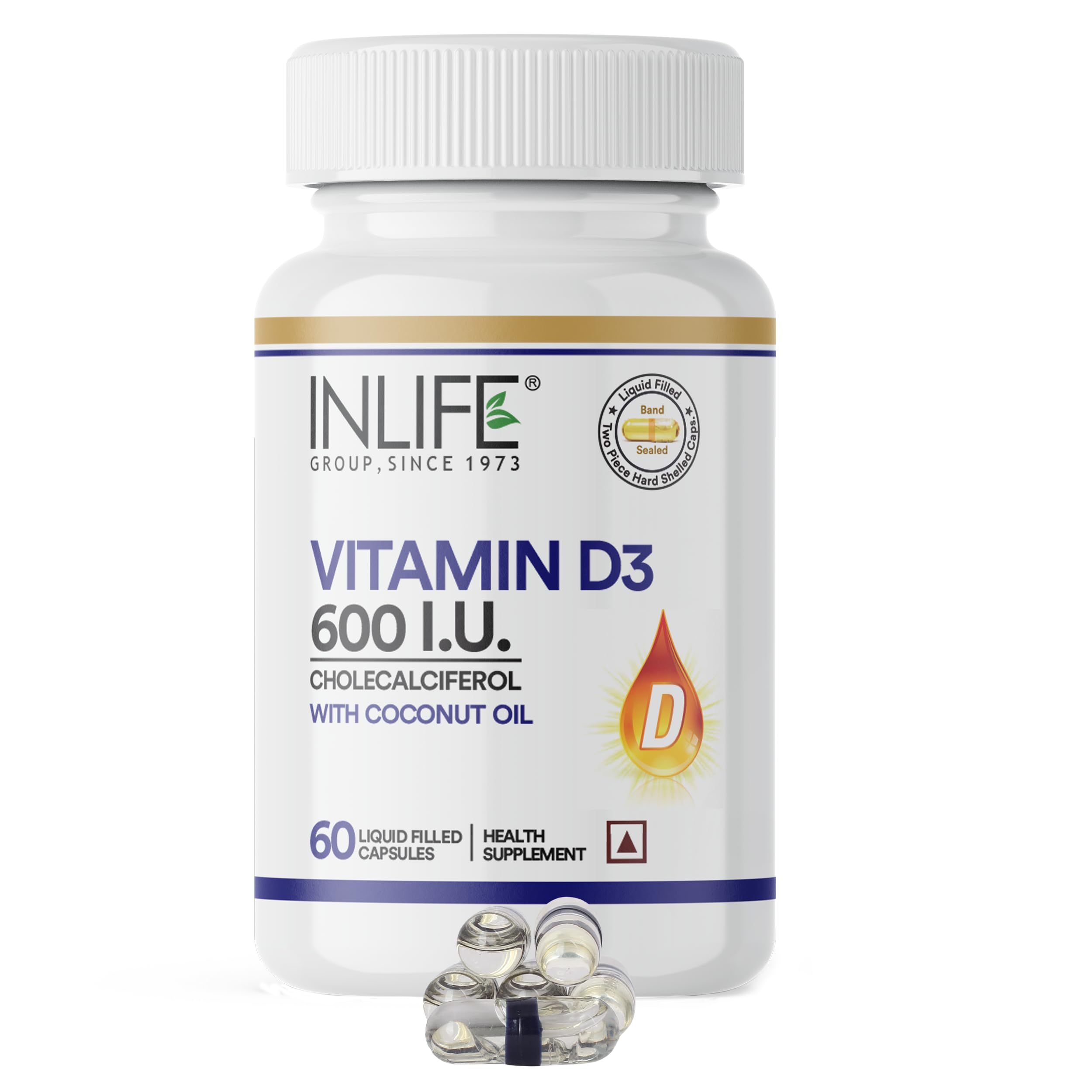 - INLIFE Vitamin D3 600 IU Cholecalciferol Supplement with Coconut Oil for Better Absorption, For Men & Women - 60 Liquid Filled Capsules (Pack of 1)
