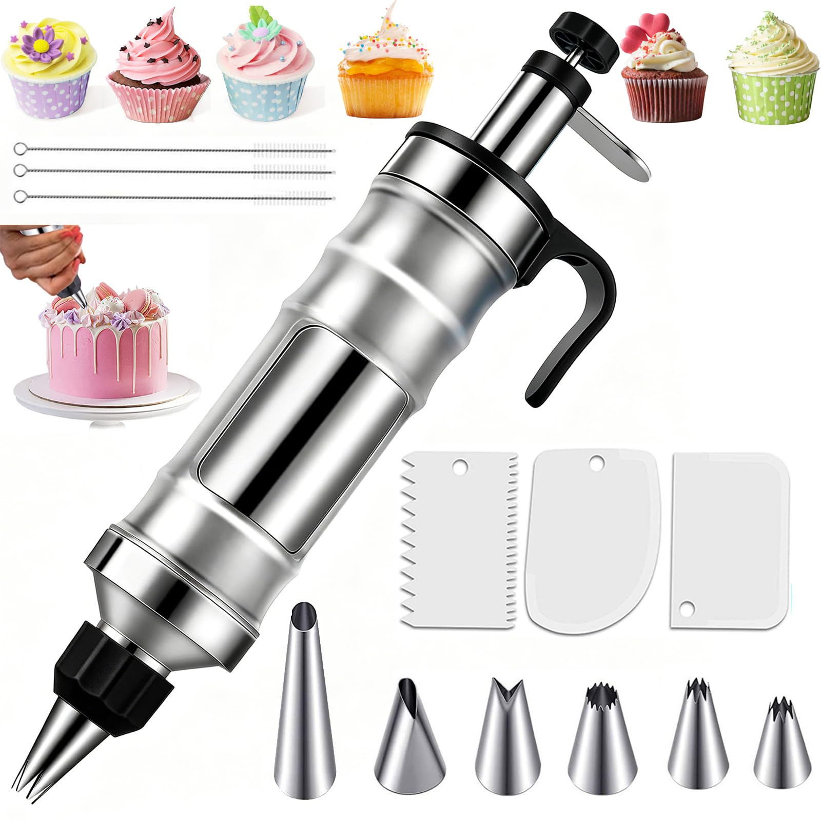 Spritztüllen-Set aus Edelstahl, Spritztüllen und Tüllen-Set für Cupcakes, Kekse, Kuchen, Dekoration, Spritztülle, Zuckerguss-Spritze, wiederverwendbar, DIY-Backwerkzeuge mit Sahneschaber und 6