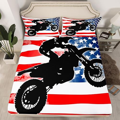 Juego de sábanas de bandera americana, tamaño Queen, para niños, motociclista, para niños, motociclista, decoración de dormitorio, decoración