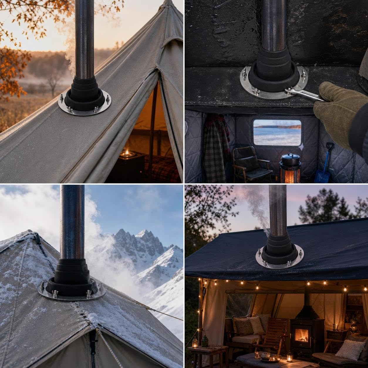 Protector para Chimenea Camping con Brida Metálica Redonda Aislante l Conducto Estufa Resistente al Ligero Acuado para Carpas Campaña y Uso Exterior, Negro, con Llave