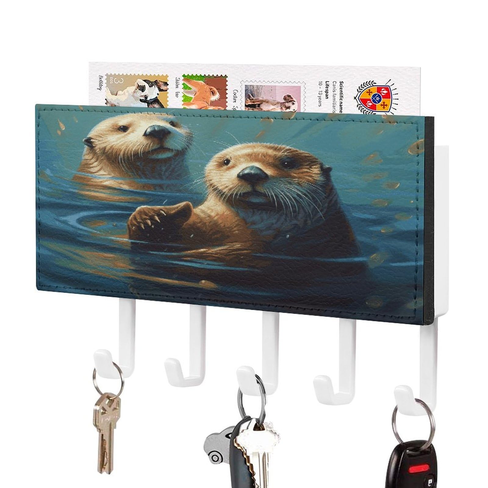 Fekiloot White-Style Sea Otters Painting Key Holder Wall Mount Decorative Key And Mail Holder Pu Key Rack With 5 Hooks Key Hanger Organizer Decorative Home Decor For Wall For Entryway Office Living Room