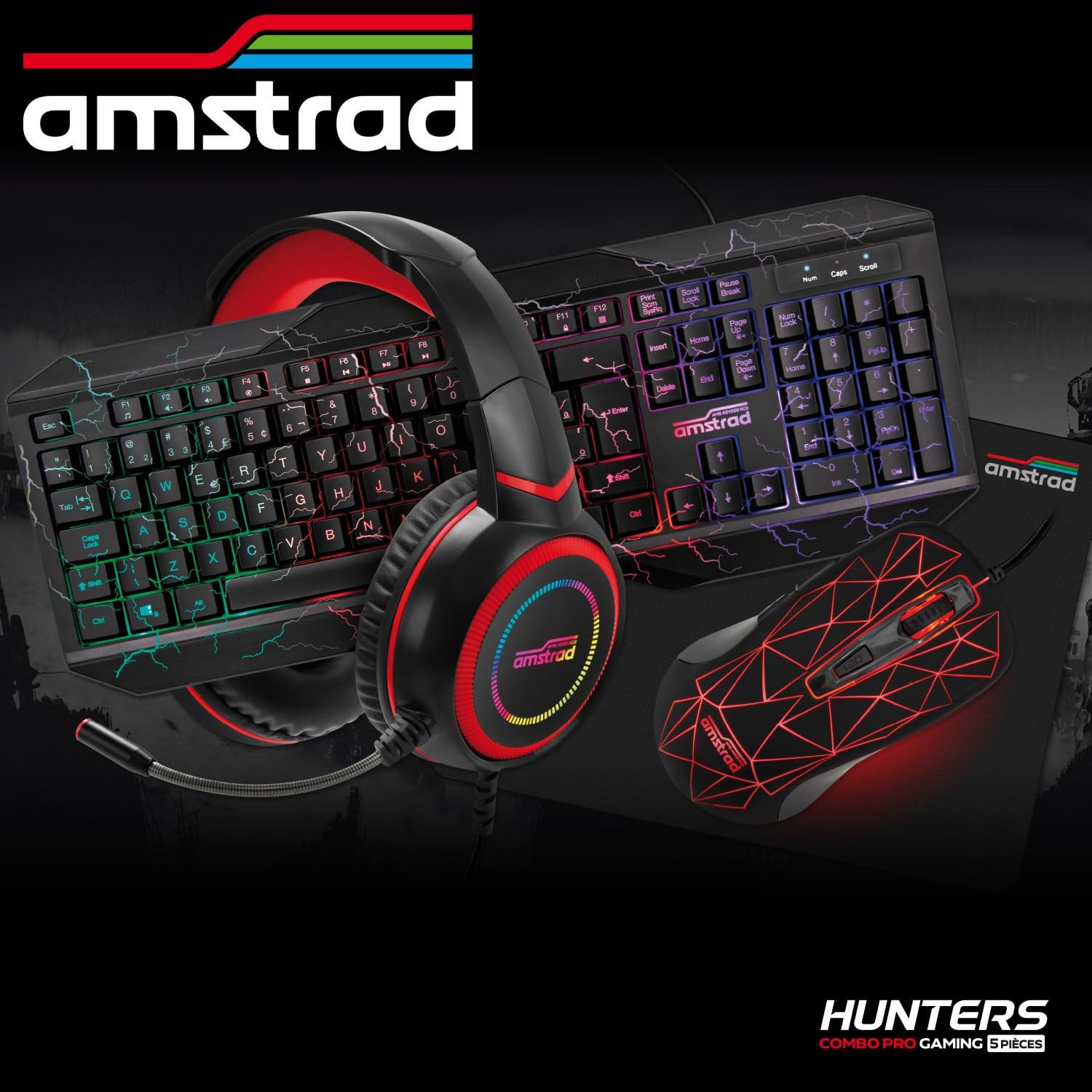 Pack Pro Gamer AMSTRAD Hunters 5 Piezas: Teclado, Ratón y Alfombra, Auriculares y Adaptador. Retroiluminación RGB. AZERTY & USB