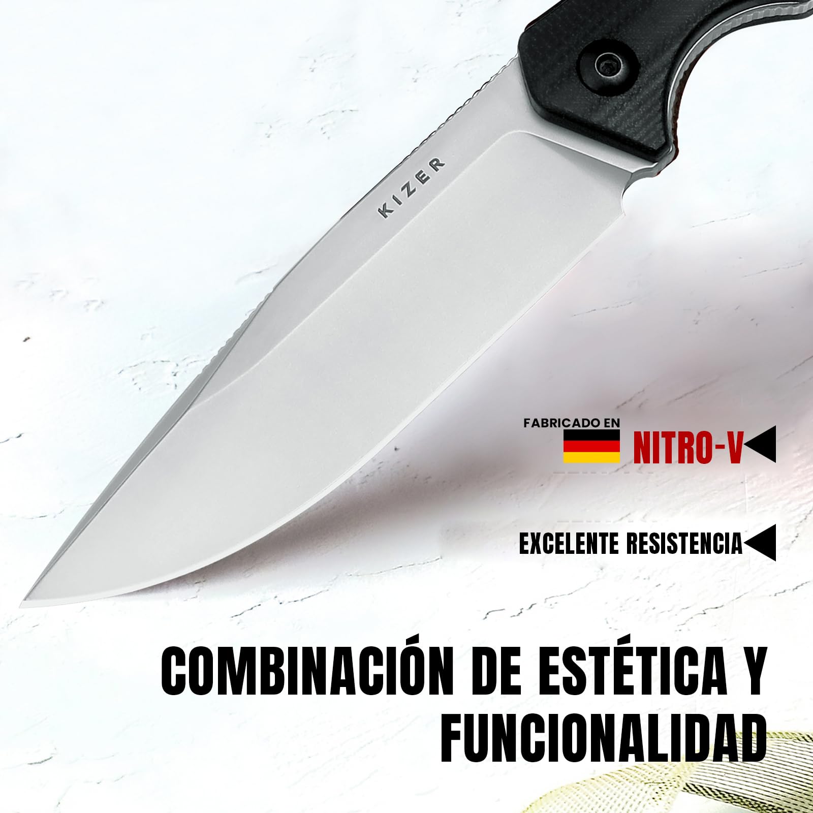 Kizer Militaw Outdoor Survival Feststehende Messer mit Scheide, 1067A2 | 9,7cm Nitro V Blade Jagdmesser Messer mit G10 & Micarta Griff, EDC Bushcraft Messer für Männer Frauen Geschenk