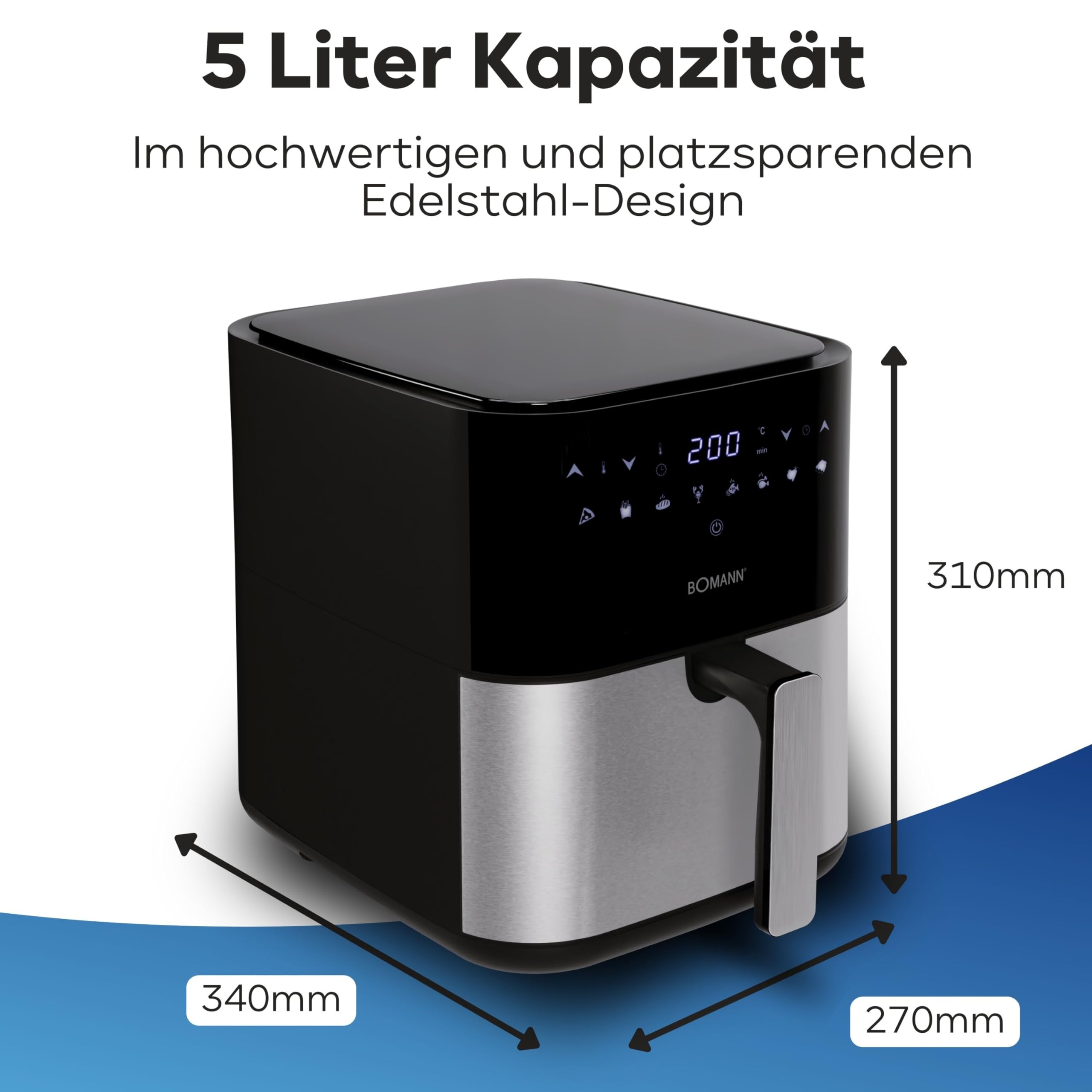 Bomann, Frytkownica na gorące powietrze 5L, 8 programów automatycznych z indywidualną regulacją czasu i temperatury, Ekran LED, 5L, FR6069HCB, Czarny/Stal nierdzewna