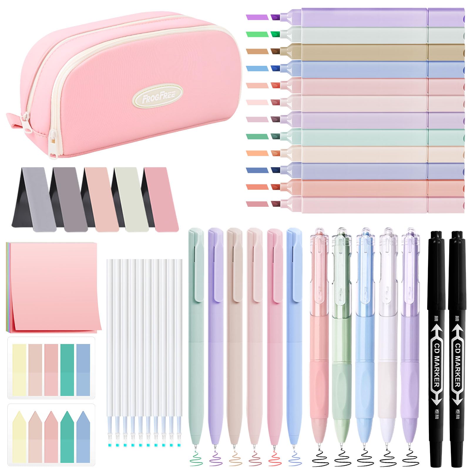 YIBONIKA 44 PCS Aesthetic School Supplies with Pen Case, 6 Colour Pens, 12 Pastel Highlighters, 5 Black Pens, Bookmarks, Essentials Stationery Set for Students Back to School Supplies (Pink)