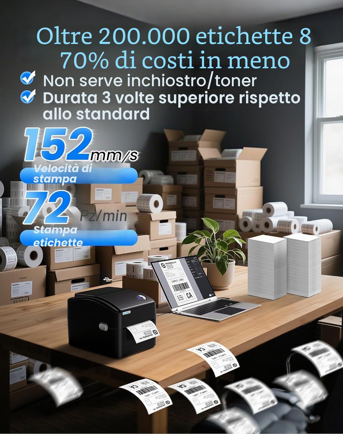 vretti Stampante per etichette Bluetooth, stampante termica DHL 4 x 6, sicurezza di scansione al 99,99%, durata della testina di stampa 3 volte più lunga, senza toner e risparmio del 70%