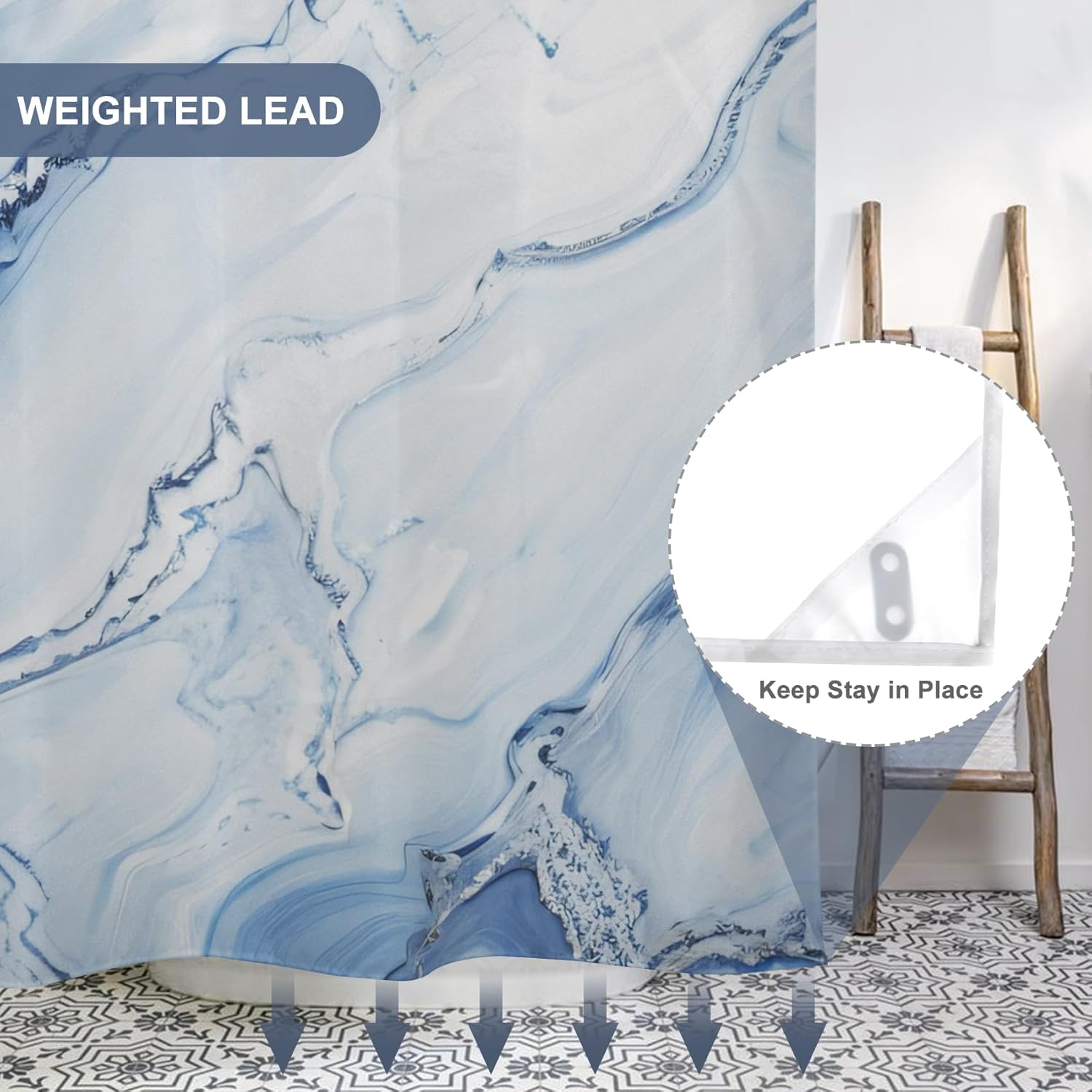No Hook Marble Shower Curtain with Snap in Liner RingLess Shower Curtain for Bathroom Light Blue Waterproof Fabric 71x74 inch