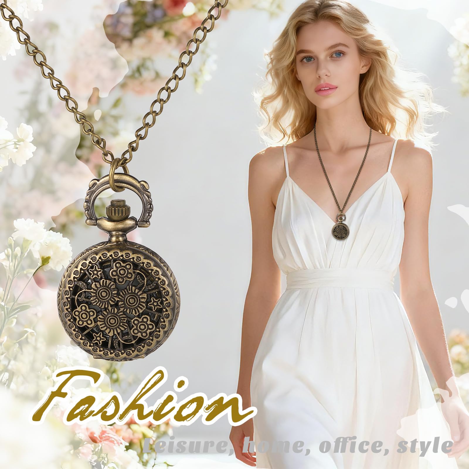 JewelryWe Orologio da taschino vintage da donna, scheletro, uccello, farfalla, fiore, collana con ciondolo analogico al quarzo, con catena da 78 cm, per Natale