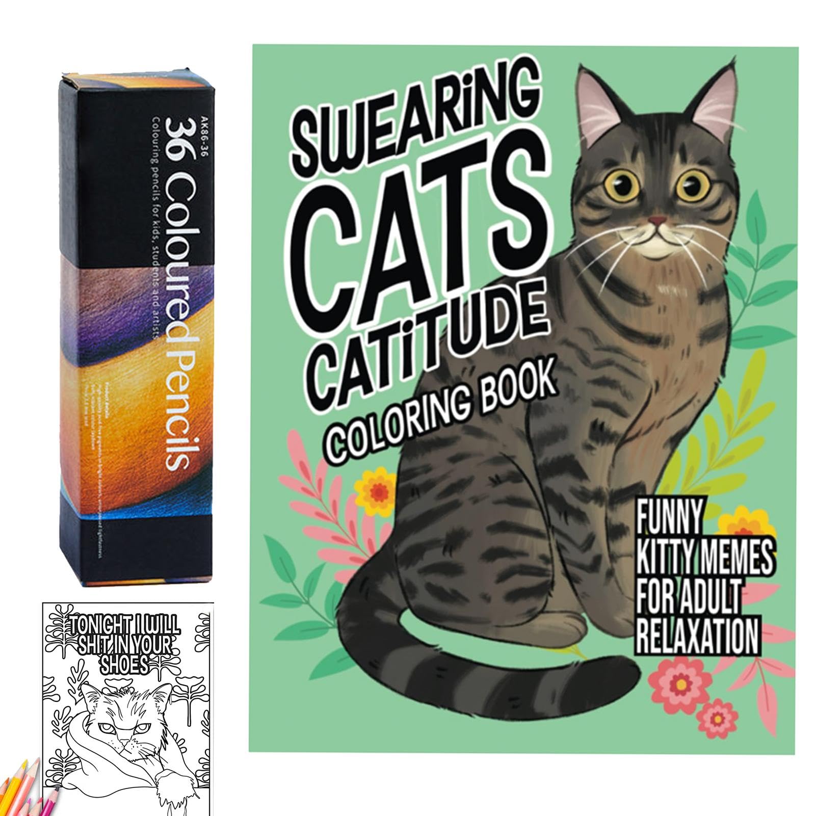 Libro para colorear de gatos con texto en inglés "Swearing Cats", libro para colorear de gatos vívidos para adultos, libro para colorear con maldiciones para gatos, divertido juego de libros para