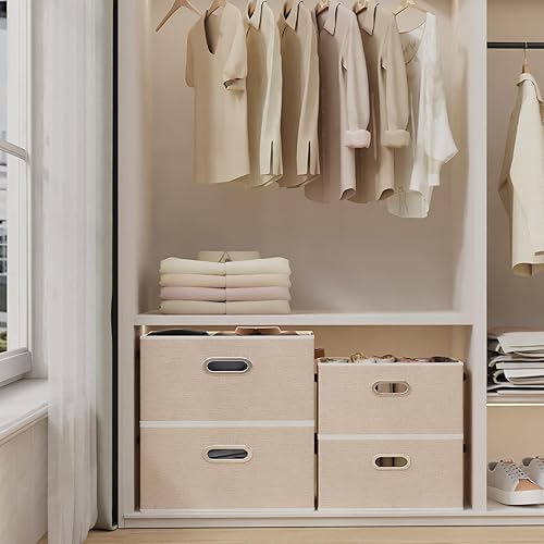 Miniatura 4 de Yawinhe  Cajas de almacenamiento de tela con asas, cestas plegables para estantes, cubos con 3 asas, cajas grandes para ropa, color beige, 16.9" L x