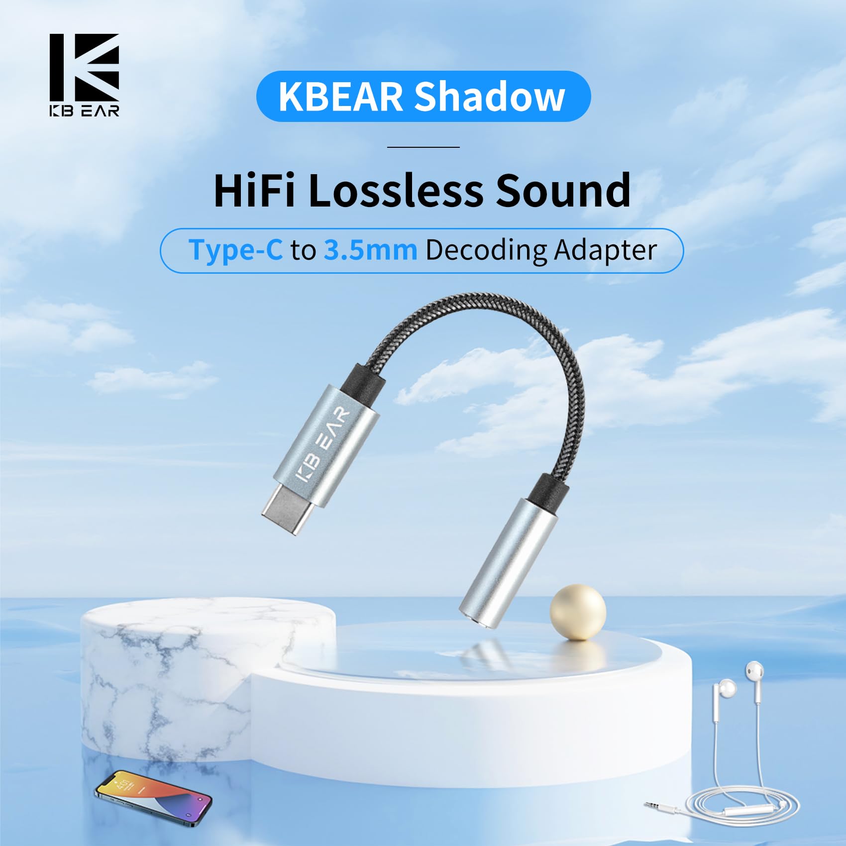 KBEAR KW4 Adapter USB-C na Jack 3,5 mm z Układem DAC CX31993, Aux na USB-C, 13 cm, Adapter Słuchawkowy HiFi do iPhone 16/15, iPad Pro/iPad Air, MacBook, Samsung Galaxy