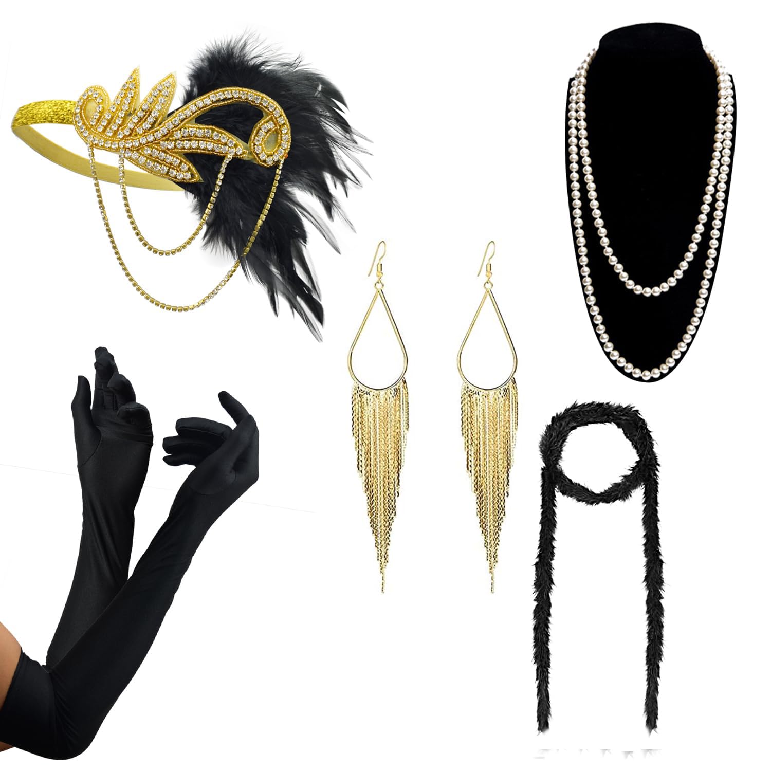 DRESHOW 1920s Great Gatsby Accessories for Women Flapper Headpiece Headband Gloves Costume Harlem Nights Accessories Set