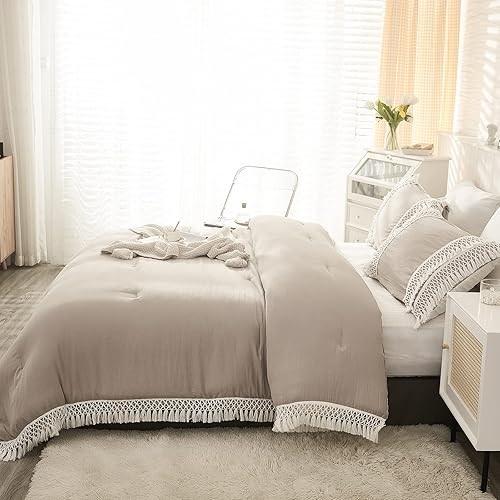 Miniatura 8 de Juego de edredón de tamaño King, estilo bohemio, color marrón topo, para todas las estaciones, súper suave, cómodo, esponjoso, de microfibra, color