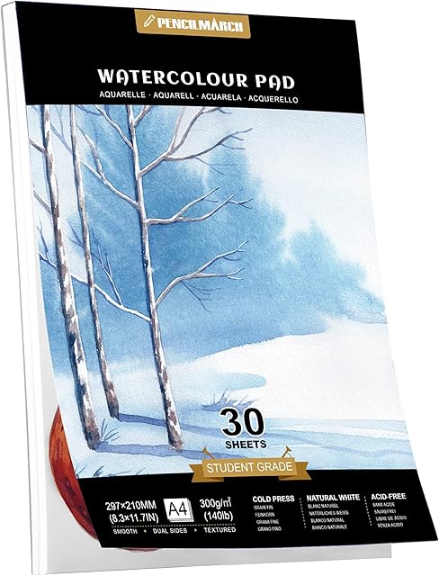 PENCILMARCH Watercolour Paper 300gsm A4 Water Colour Art Pad 30 Sheets Watercolor Sketchbook for Artist Student Kids Landscape Painting, Drawing and Sketching - Pack of 1