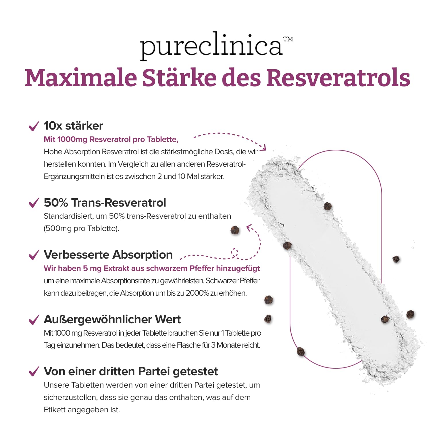 Pureclinica 1000 mg Resveratrol x 540 Tabletten (6 Flaschen à 90 Stück)– Vorrat für 18 Monate - mit schwarzem Pfefferextrakt
