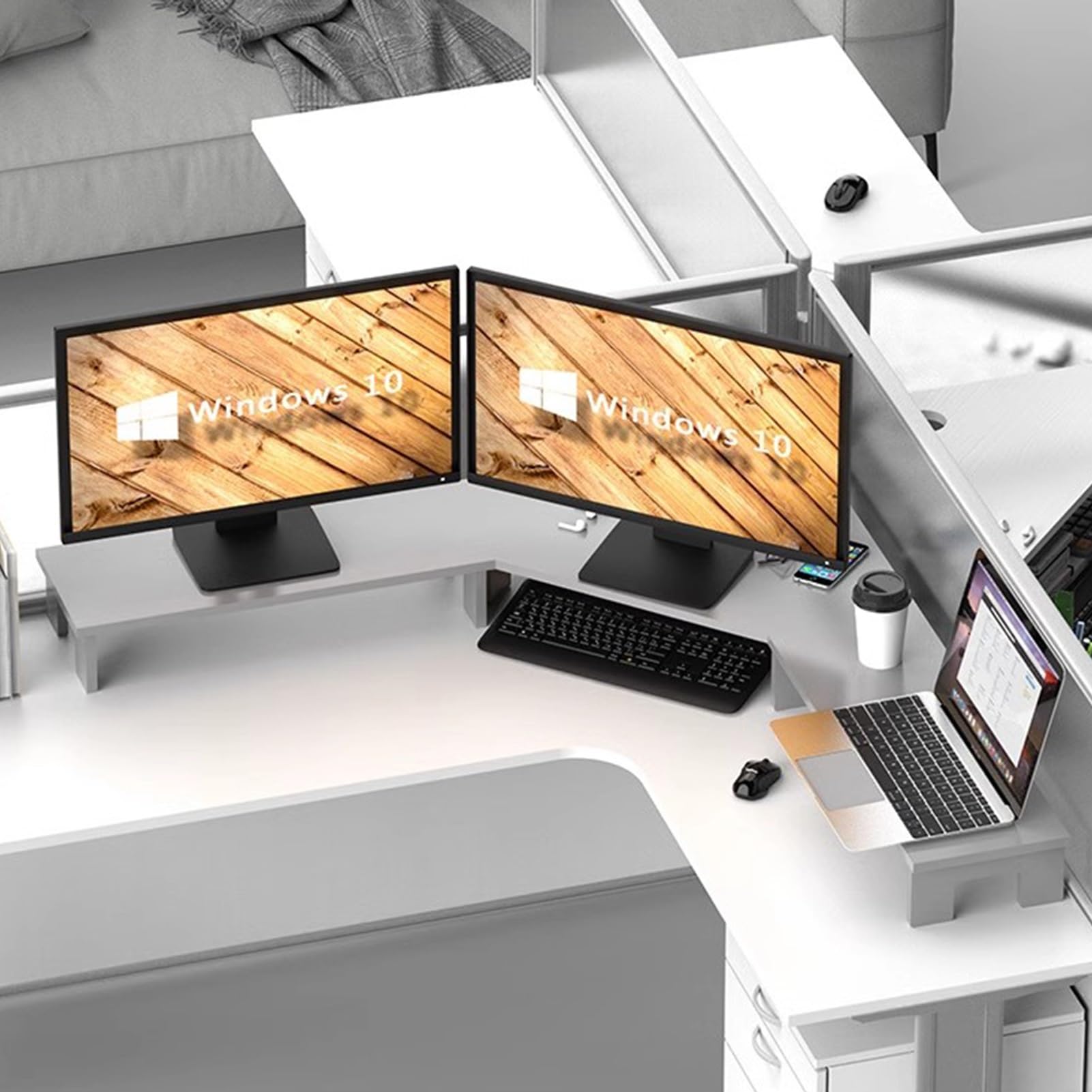 Support de moniteur pour bureau d'angle en bois et or pour triple écran