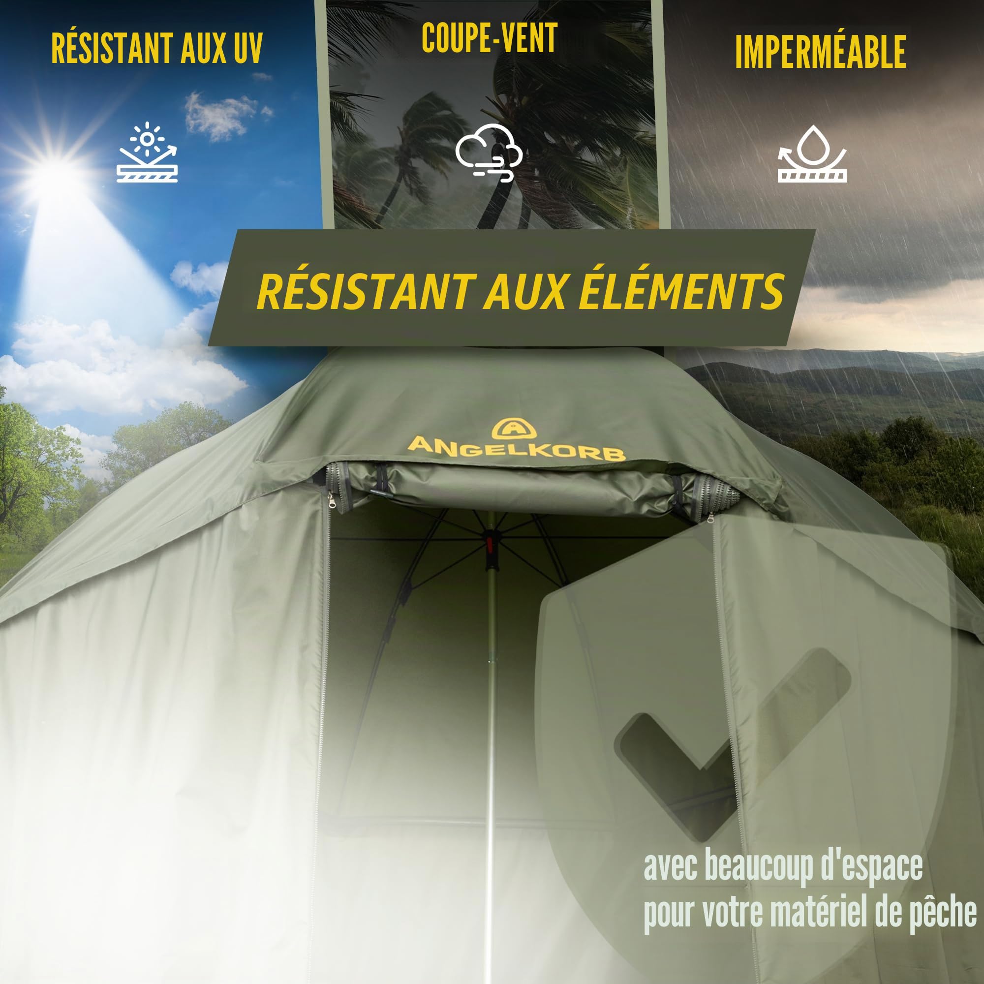 Parapluie de pêche avec paroi latérale de 2,50 m – Parapluie et tente de pêche, imperméable, protection anti-moustiques, inclinable à 45° – Tente de pêche pour le camping et l'extérieur