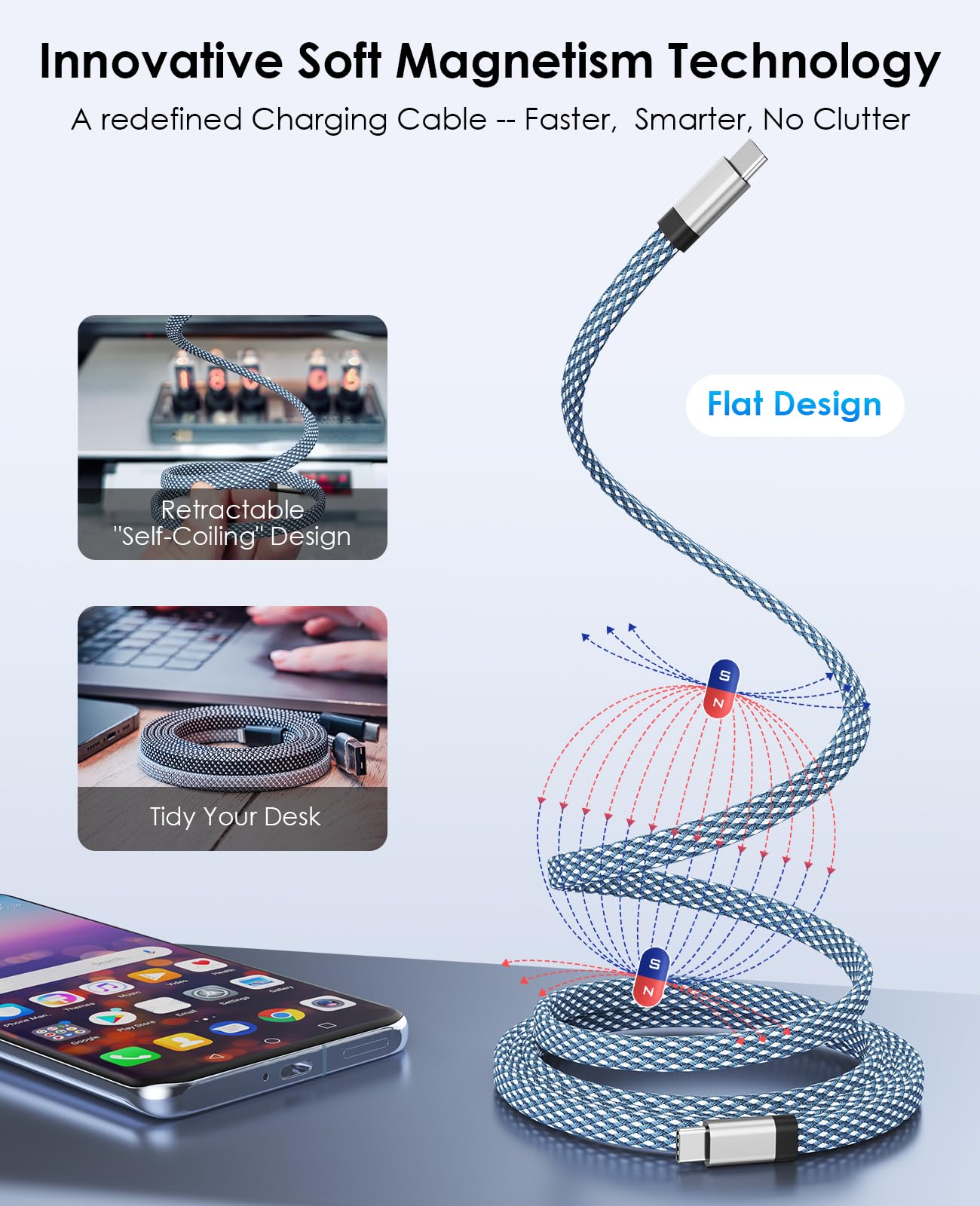 Magtame Cavo USB C, cavo magnetico da USB C a USB C, 60 W (3 A), cavo USB C da 1 m, in nylon intrecciato, cavo di ricarica rapida, compatibile con dispositivo USB C per pad Samsung, blu