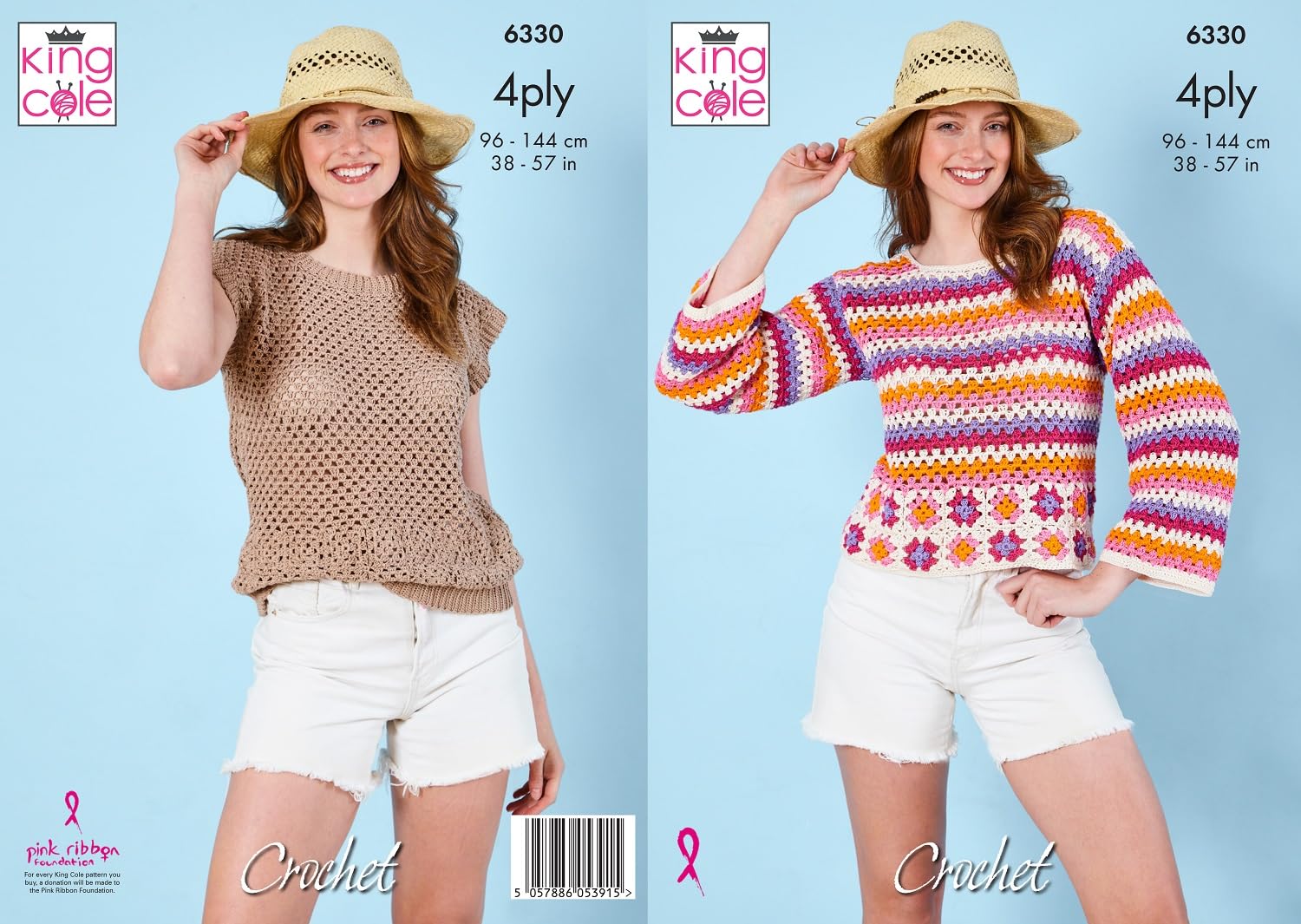 King Cole 6330 Crochet Pattern 4Ply Ladies Plain or Striped Sweater & Top