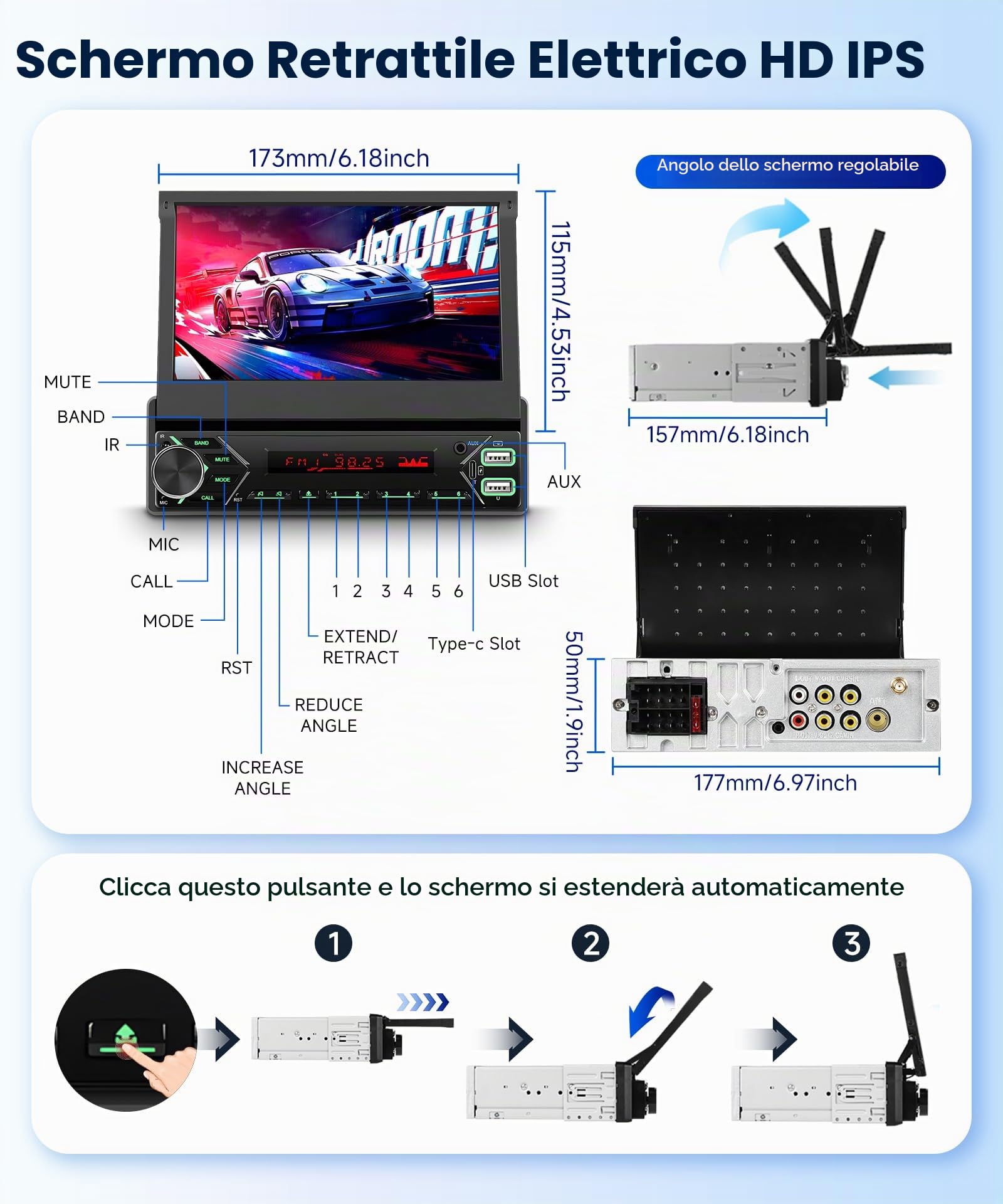 Hodozzy DAB Autoradio 1 Din Wireless Carplay Android Auto con 7 Pollici Retrattile Automatico Display Stereo Auto Bluetooth, Touchscreen con Mirror Link/FM/USB/AUX/TF+Telecamera Retromarcia