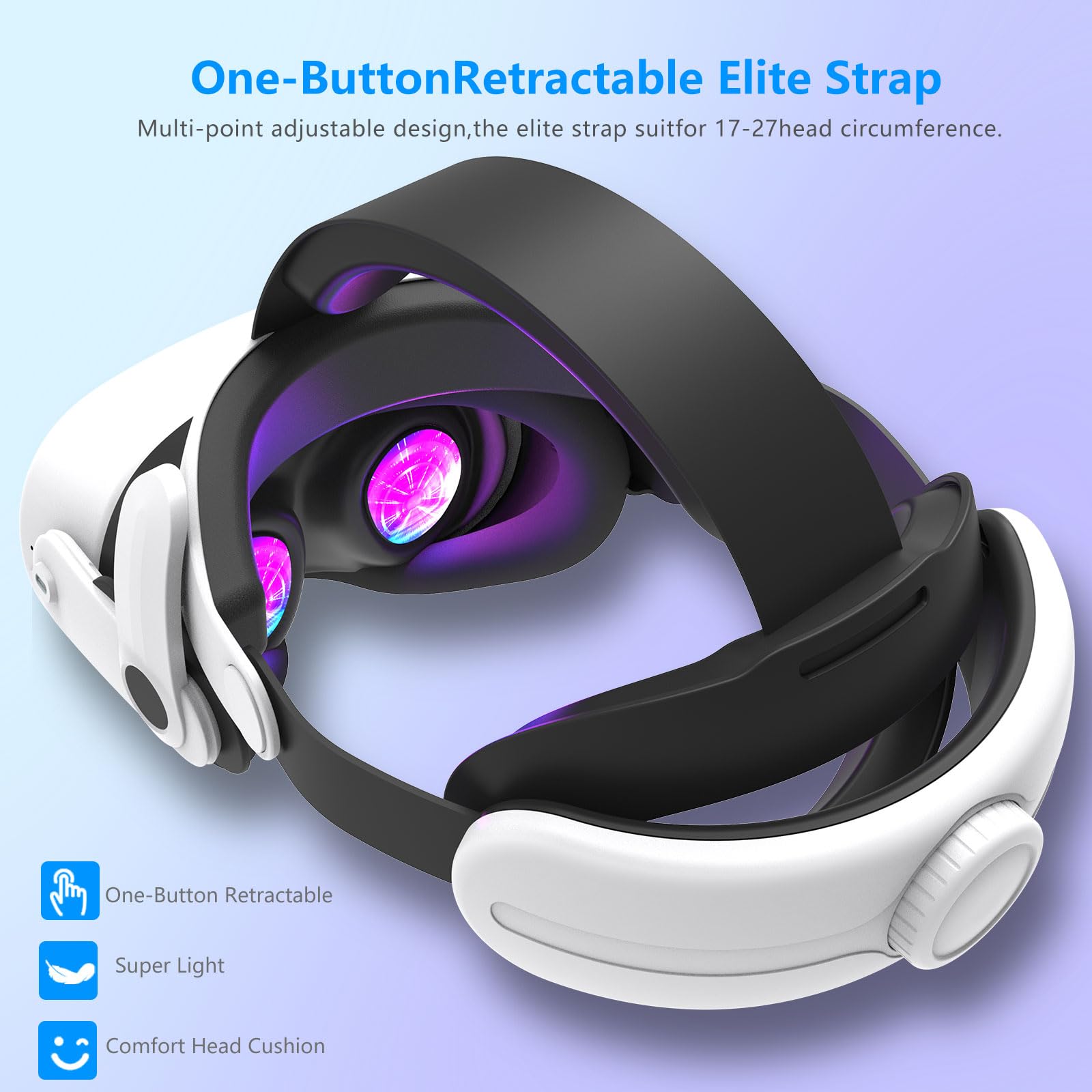 Miękkie i wygodne nakrycie głowy do Oculus/Quest3/3S, regulowana i trwała elastyczna taśma, podwójne pokrętła minimalizujące nacisk głowy i zwiększają równowagę, idealne do intensywnych przygód VR