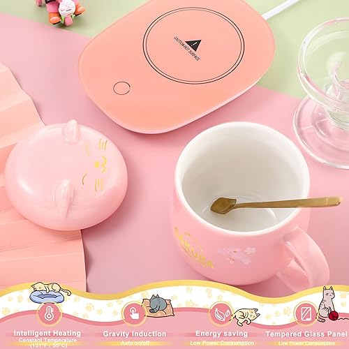 Miniatura 2 de Calentador de taza de café con taza para mujer, calentador eléctrico de taza de café con control de temperatura, de cerámica, lindo gato, calentador