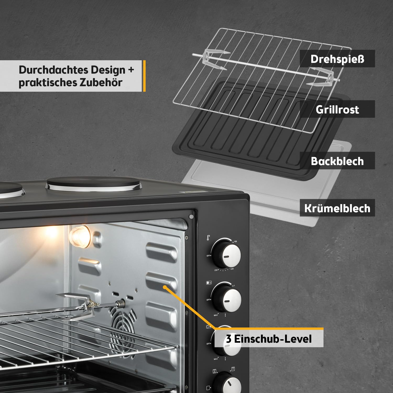 TZS First Austria - Minibackofen mit Kochplatten 30L 3200 W - Mini Backofen Pizzaofen mit Herdplatten bis 230°C & 6 Heizmodi - Miniofen Kombigerät mit 4 Einschubhöhen & hochwertigem Zubehör