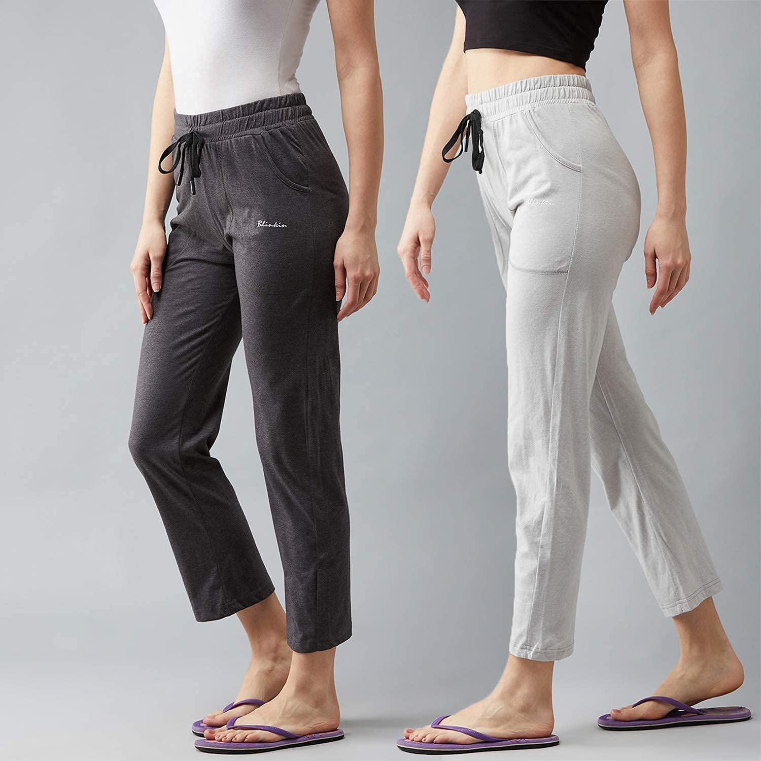 BLINKIN Cotton Pyjamas For Womenं Combo Pack Of 2 With Side Pockets (Color_Dark Grey|Light Grey,Size_2XL) 2