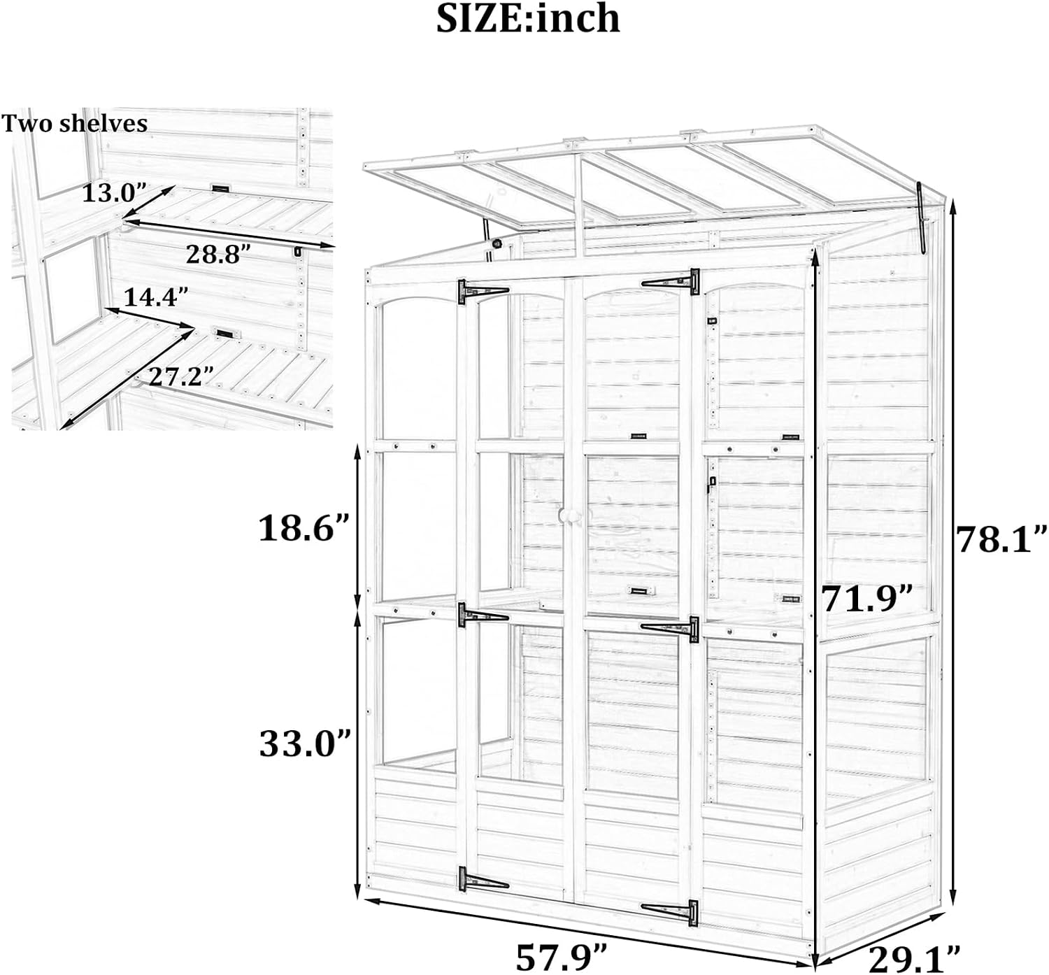 Wooden Cold Frame Greenhouse, Wooden Greenhouse Polycarbonate Garden Shed, 4 Partitions Open Roof, 2 Folding Middle Shelves, Plants Protection Hot House for Outdoor Indoor