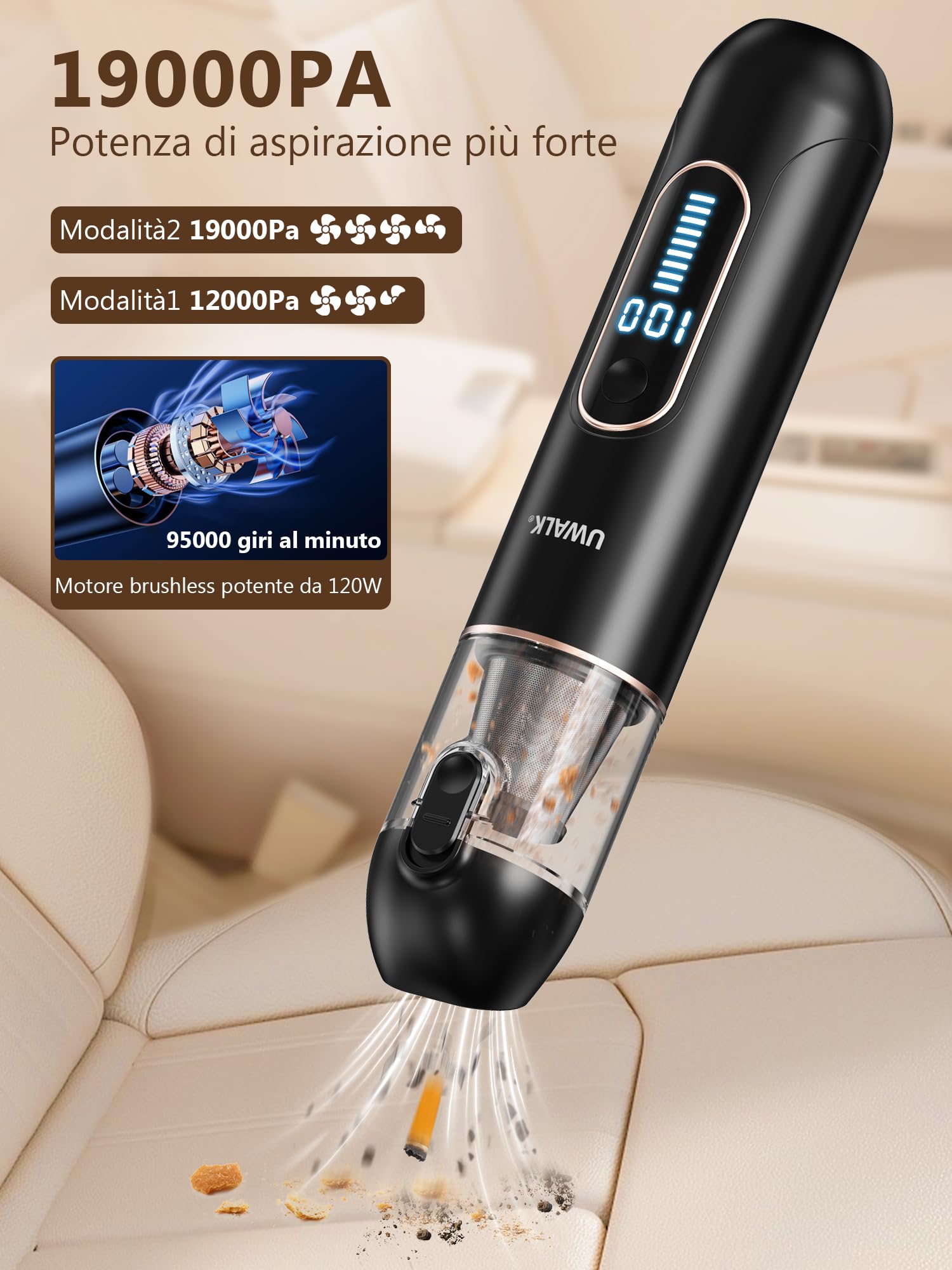 Aspirapolvere Portatile Senza Fili Aspirabriciole: 19000Pa Aspiratore 7500mAh Batteria - Mini Potente Aspirapolvere per Auto con 3 Filtri - USB Ricaricabile Aspiratore per Auto Peli Animali Casa Letto