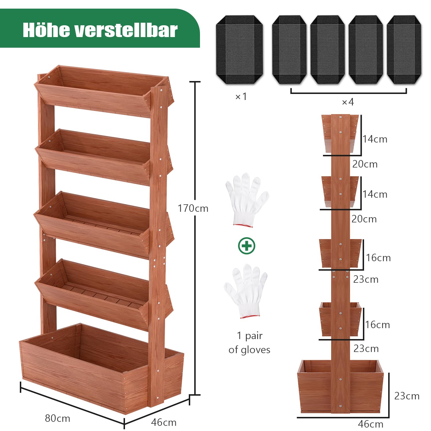 SUNYRISY Holz Hochbeet Vertikalbeet Premium Blumenkasten Balkon, 5 Etagen Outdoor Blumentreppe Pflanztreppen Gemüsebeet Kräuterbeet Mit Etagen, Balkon Garten Terrasse Dekoration