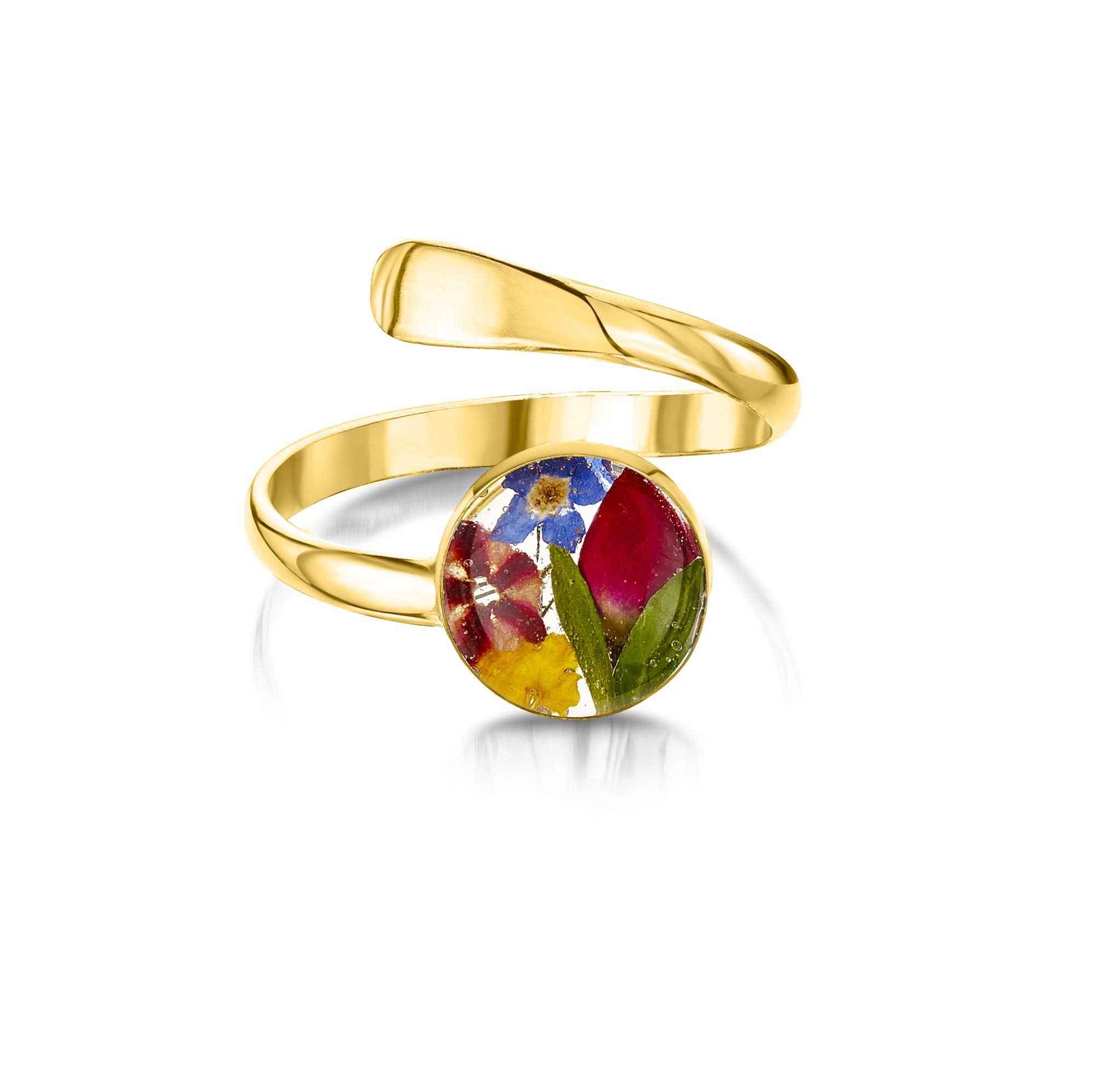 Shrieking Violet, anello regolabile in argento Sterling placcato oro con fiori veri.