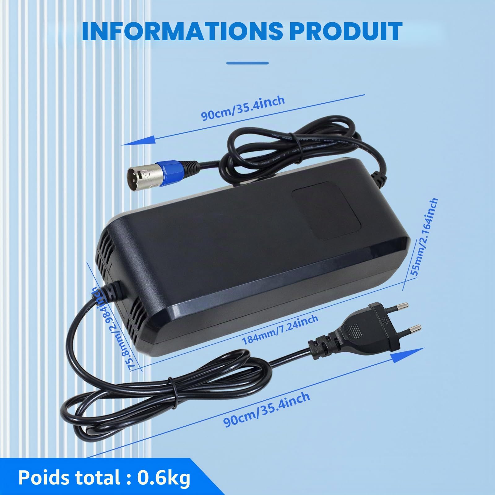 Chargeur de batterie au lithium 54,6 4 A - Pour vélo électrique - 48 V - 13 s - Prise XLR 3 broches - Adaptateur d'alimentation 48 V - Ventilateur intégré avec écran pour afficher la tension de charge
