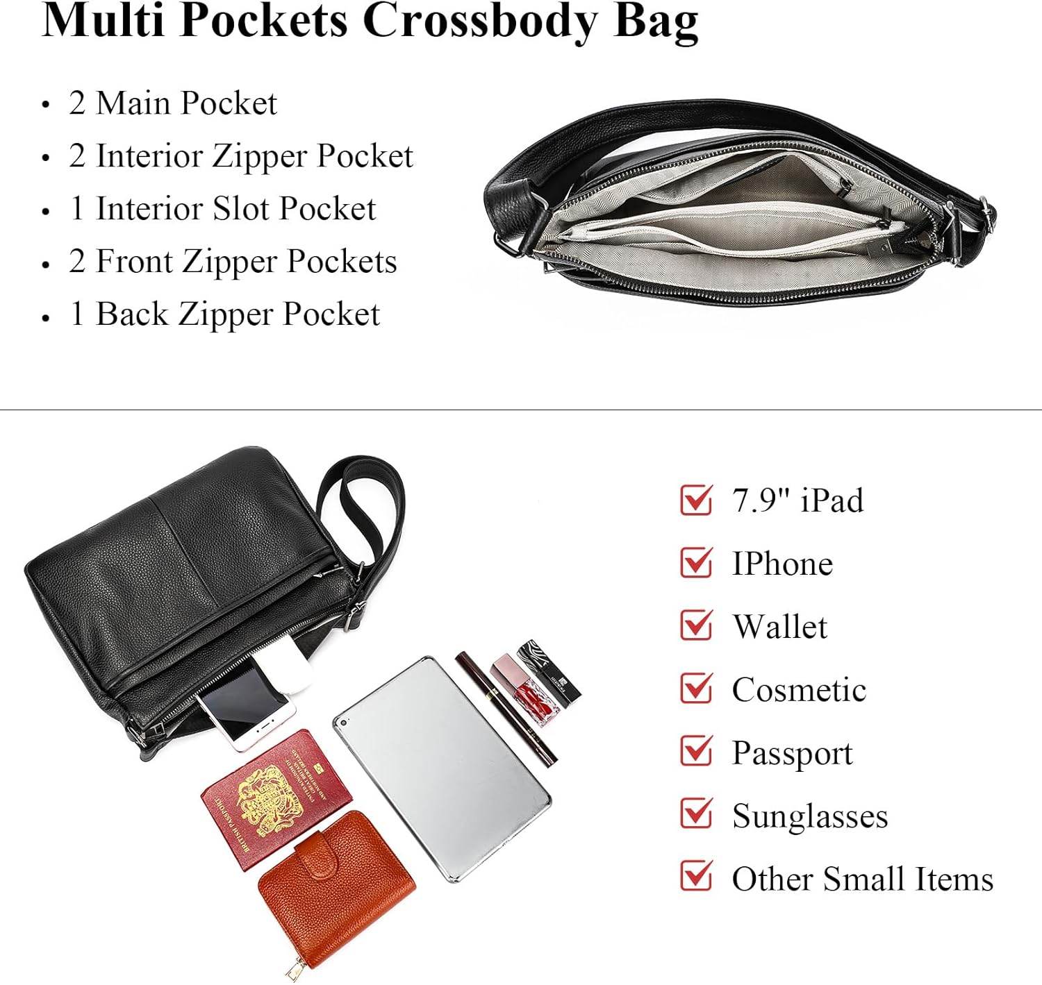 NIUCUNZH Womens Crossbody Purses Genuine Leather Ladies Shoulder Bags Zipper Multi Pockets Handbags - Image 5