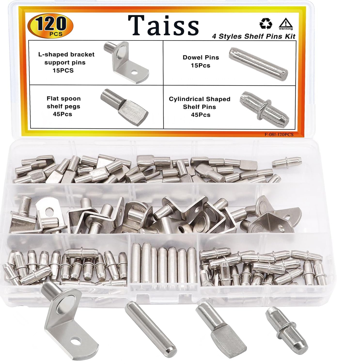 Taiss 120PCS Shelf Pins Kit,4 Styles Shelf pegs,L-Shaped Bracket/Flat Spoon Shelf pegs/Cylindrical Shaped Shelf Pins/Dowel Pin Nickel Plated Shelf Support Pegs,Kitchen Furniture Cabinet Shelf pegs